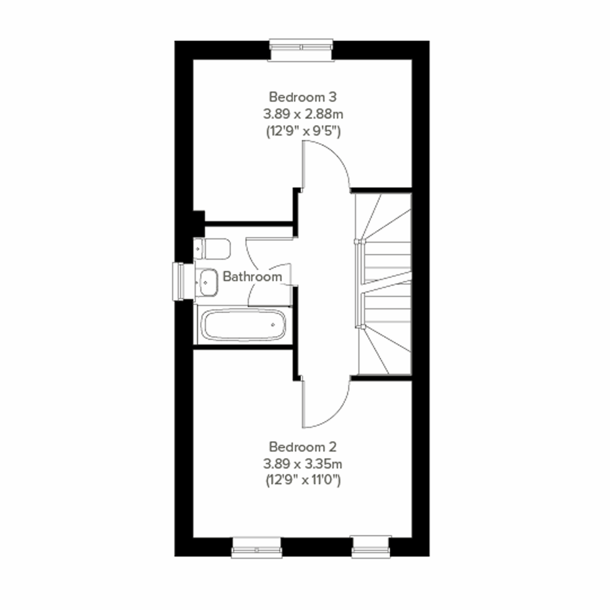 First floor plan of the Saunton at Everingham Place with two bedrooms and bathroom.