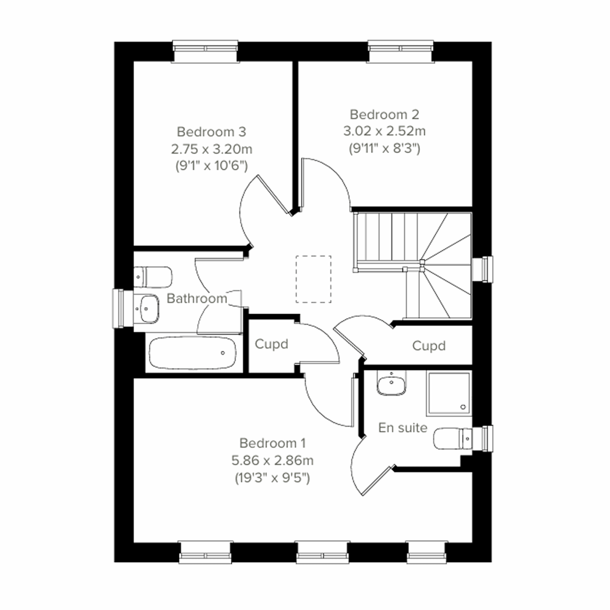 First floor plan of a three-bedroom home with bedroom 1, en suite, two additional bedrooms and family bathroom.