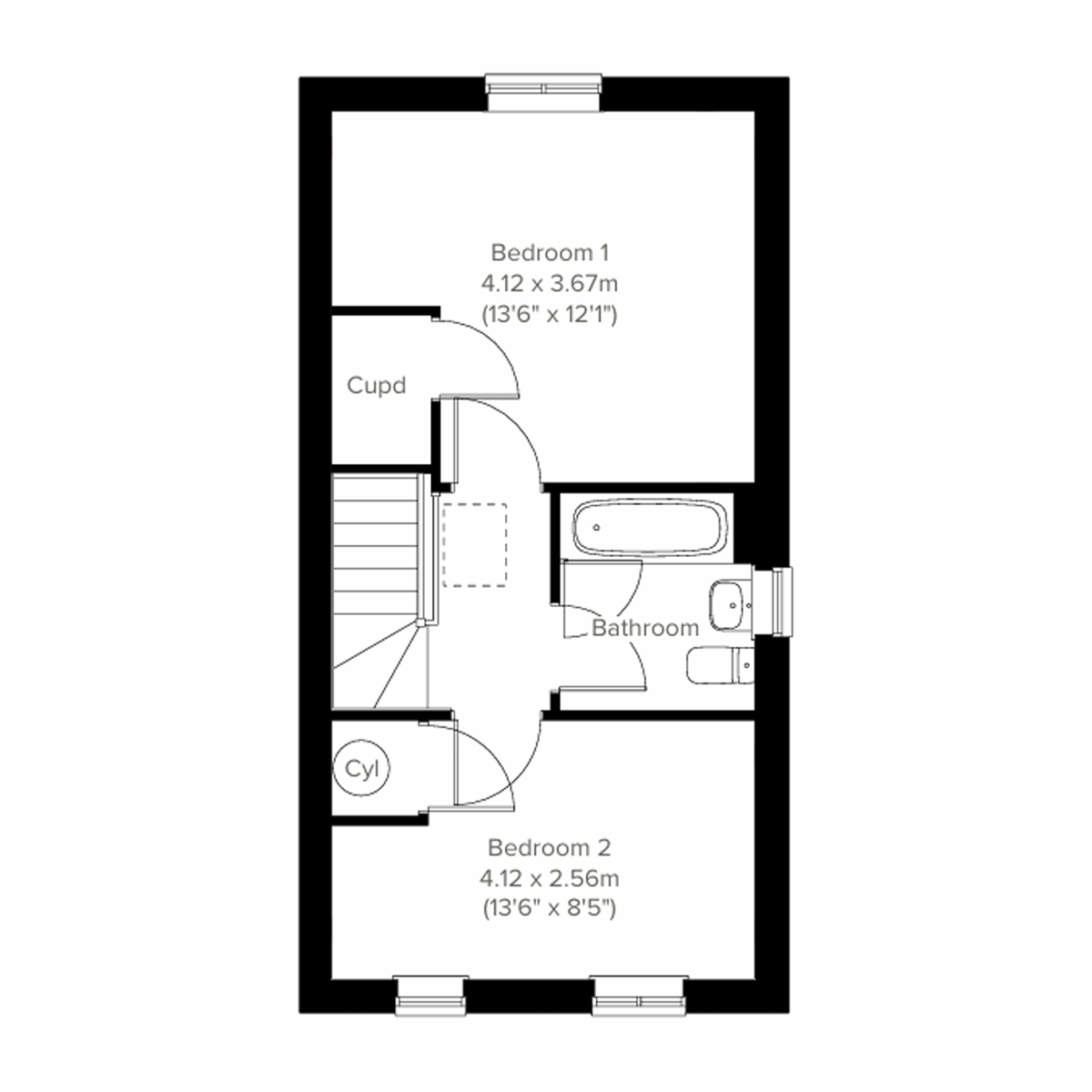 First floor plan of the Haldon at Abbotsham Park with two bedrooms and bathroom.