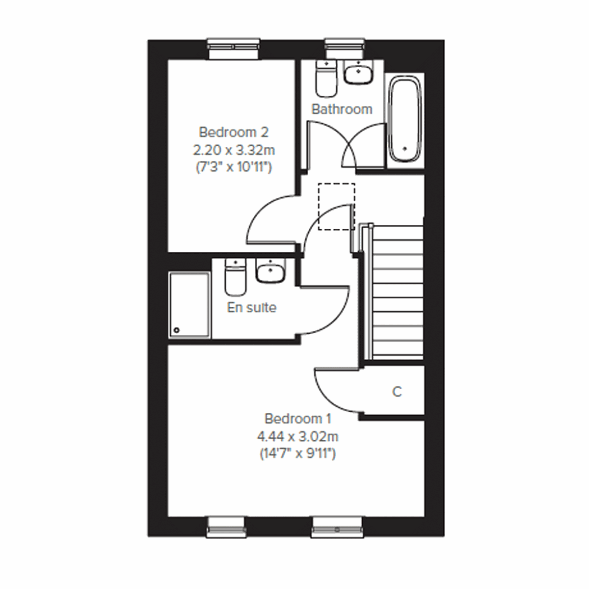 Floor plan of a two bedroom home at Persimmon Homes development with two bedrooms