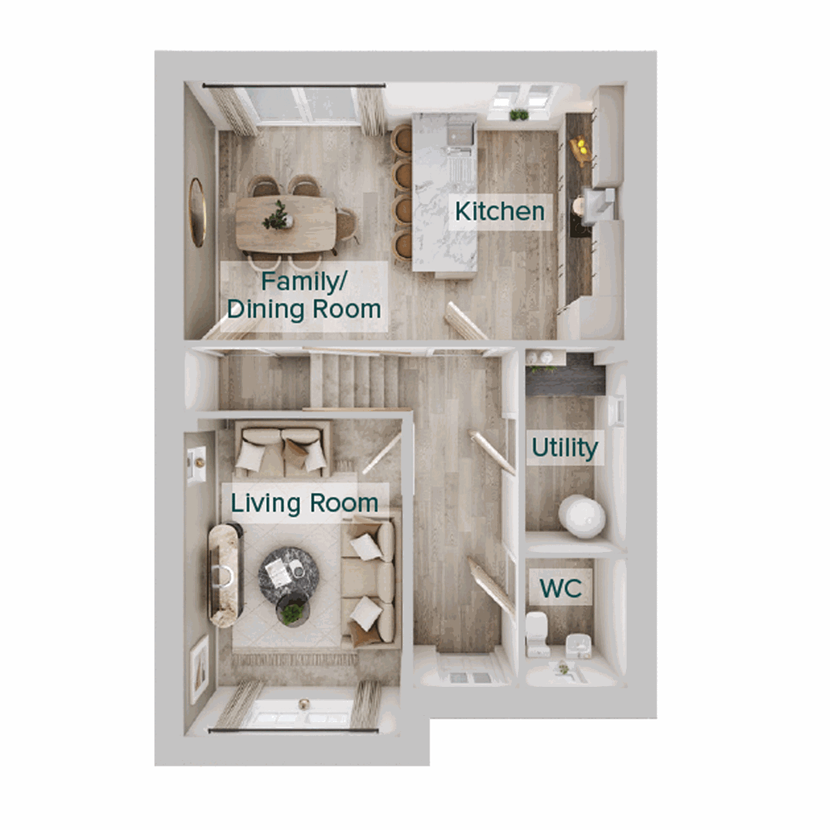 Ground floor plan showing a living room, kitchen/family dining room, utility room, WC.