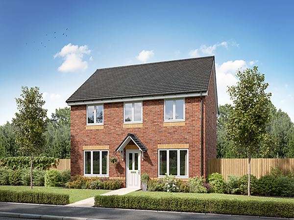Front view of a modern two-storey detached red-brick home with pitched roof and landscaped garden at Persimmon Homes Kings Gate development in Beith, Ayrshire.