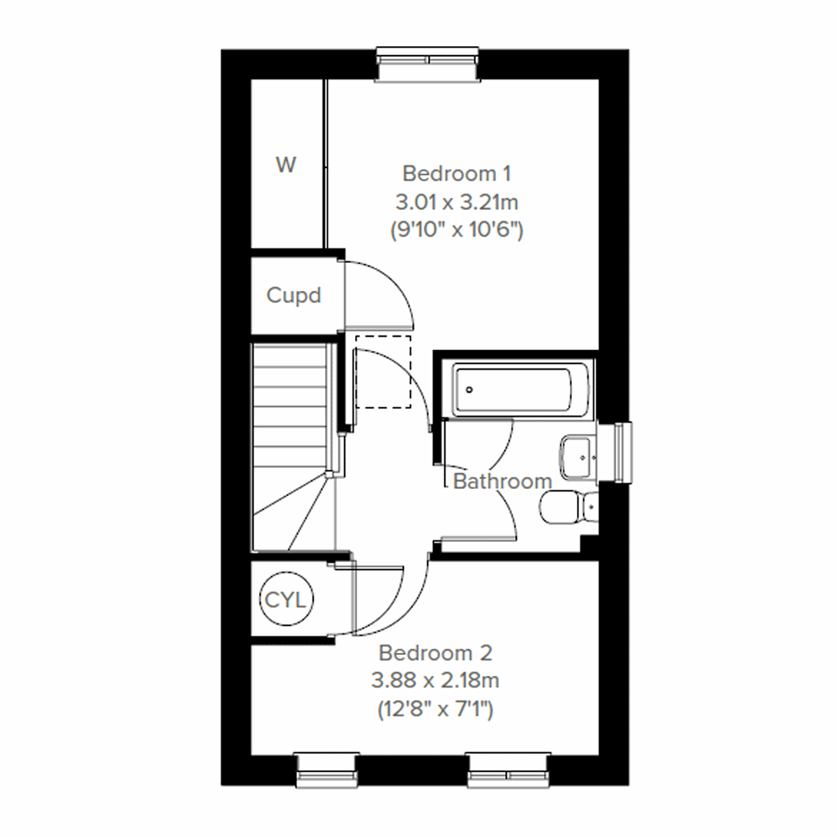 First floor floor plan with bedroom 1 and 2, and cupboard and bathroom