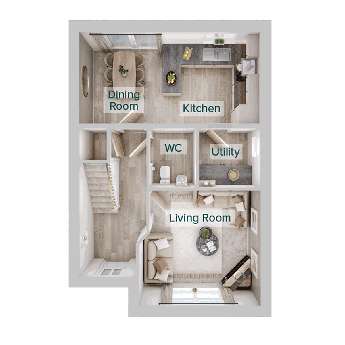 Ground floor plan showing a living room, separate kitchen and dining room, utility room, WC.