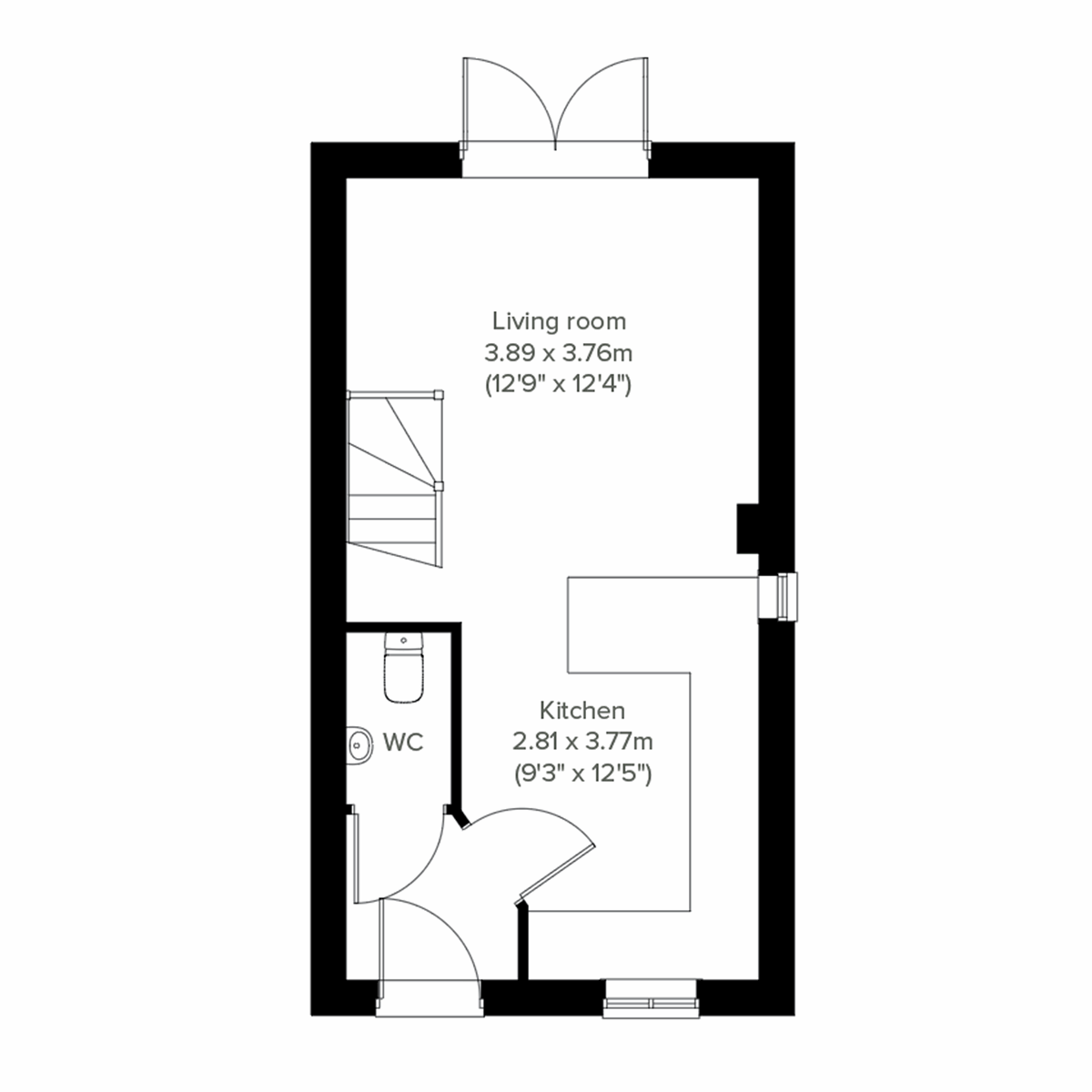 Ground-floor plan showing kitchen, WC and living room in the Alnmouth home.