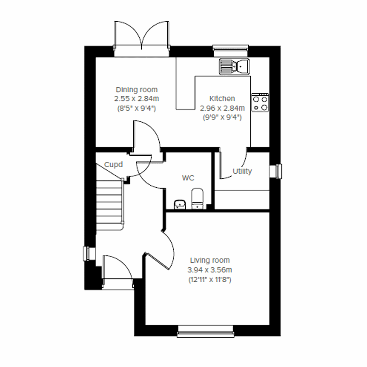Ground floor plan of the Sherwood showing kitchen, dining room, living room, utility and WC.
