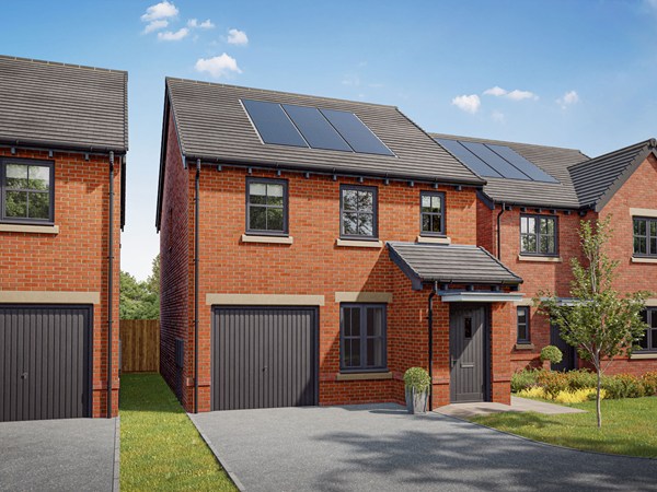 Three-bedroom detached new build home with garage, driveway and roof-mounted solar panels.