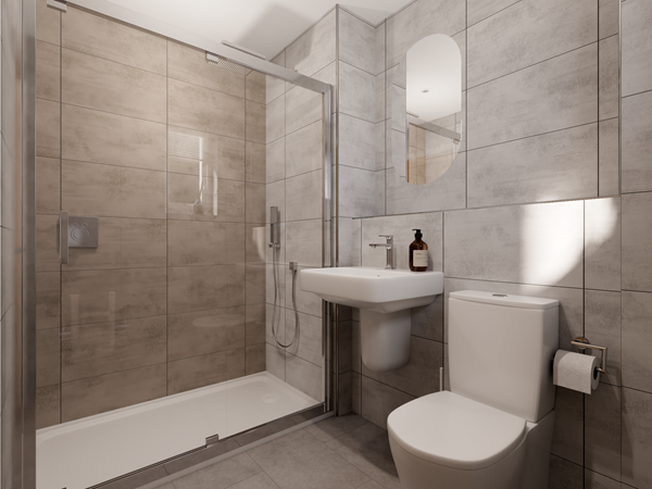 Modern bathroom with grey tiled walls, glass shower enclosure, white toilet and sink, minimalist design and soft natural lighting.