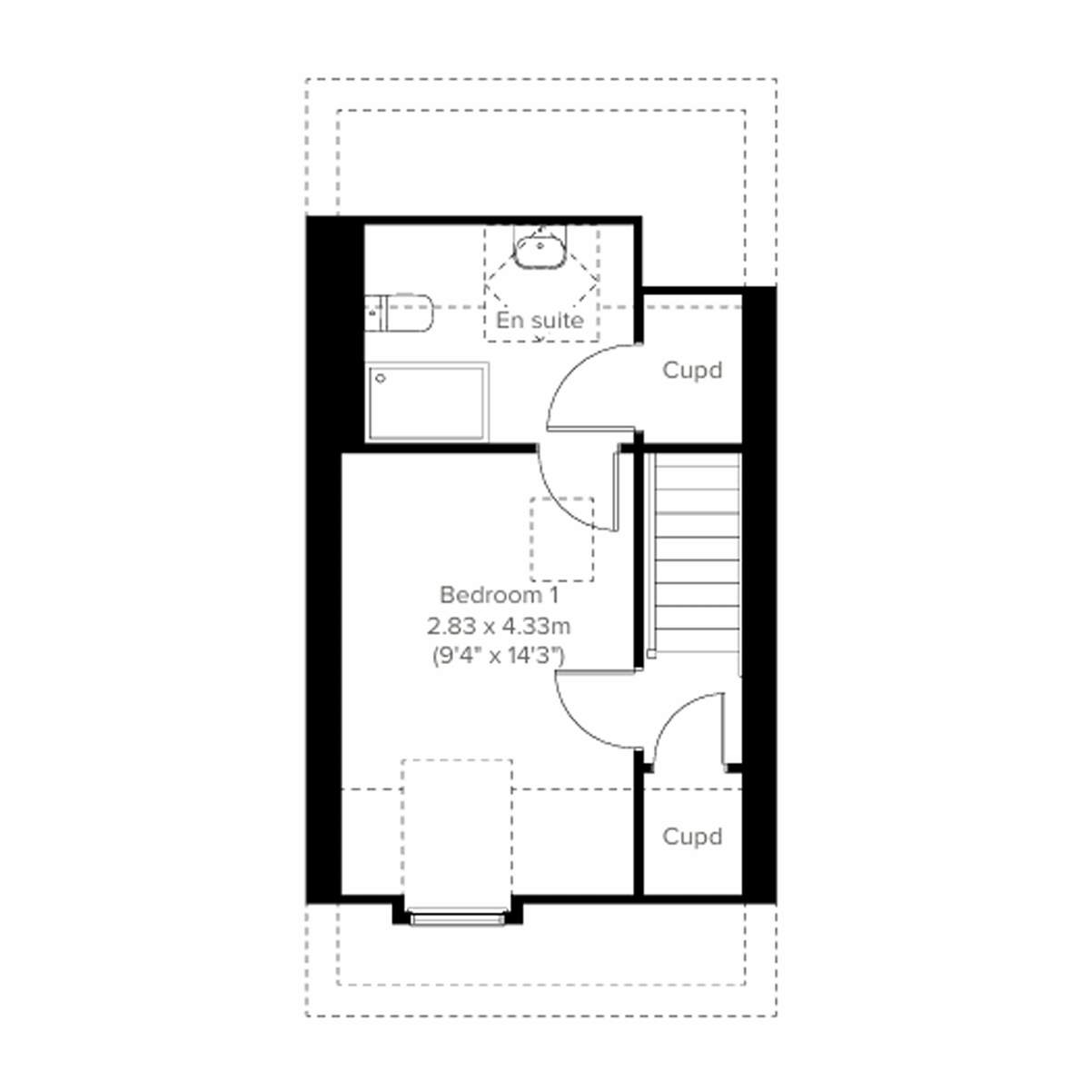 First floor plan with principal bedroom, en suite shower room and two storage cupboards.