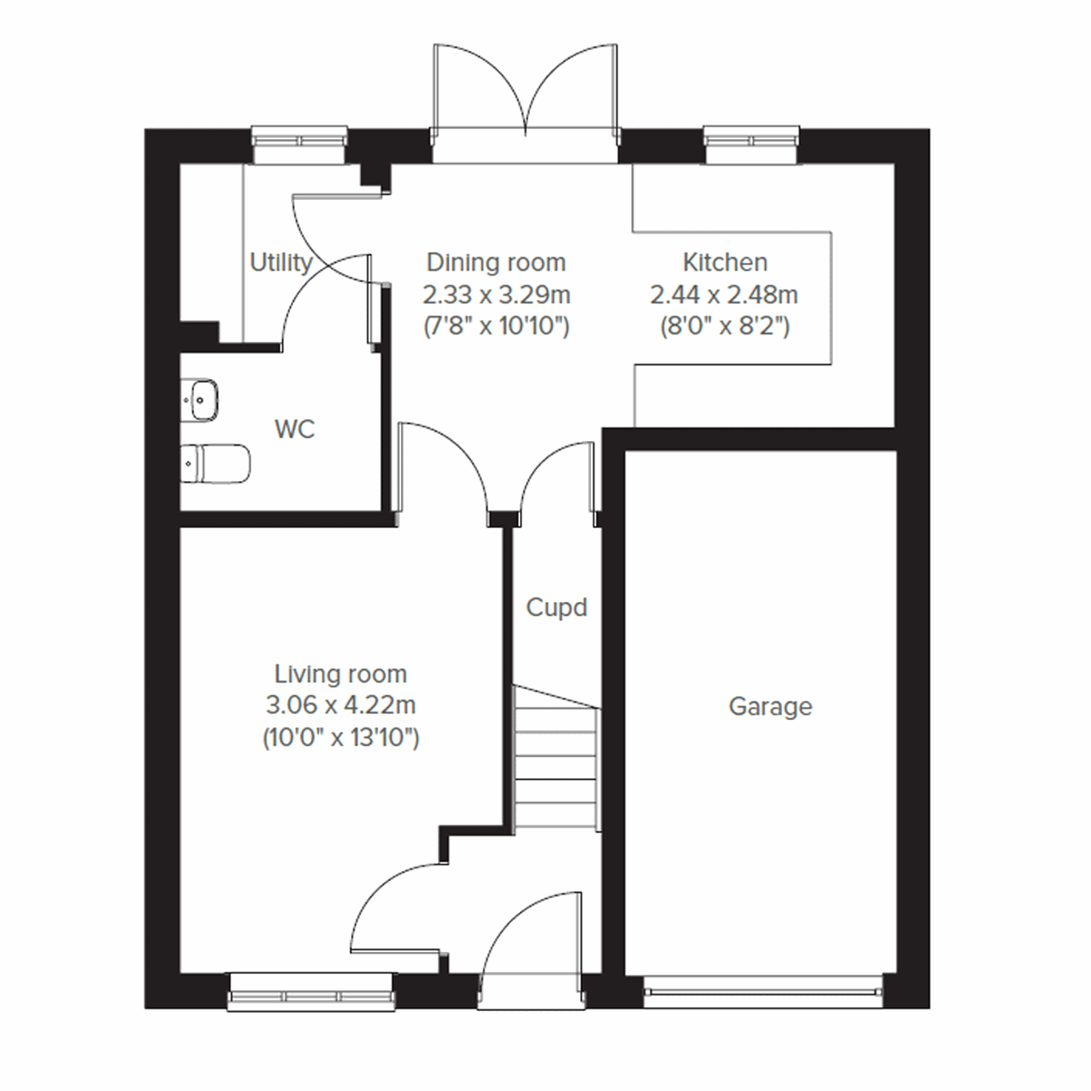 Floor plan of a three bedroom home at Persimmon Homes Woods Meadow the Kingley ground floor with open plan kitchen and dining room