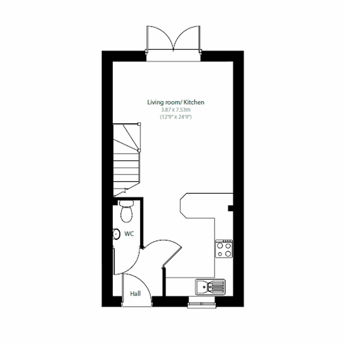 Ground floor plan of the Alnmouth showing open-plan living room, kitchen and WC.