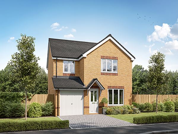 Front view of a modern two-storey detached home with garage, pitched roof, and landscaped garden at Persimmon Homes Kings Gate development in Beith, Ayrshire.