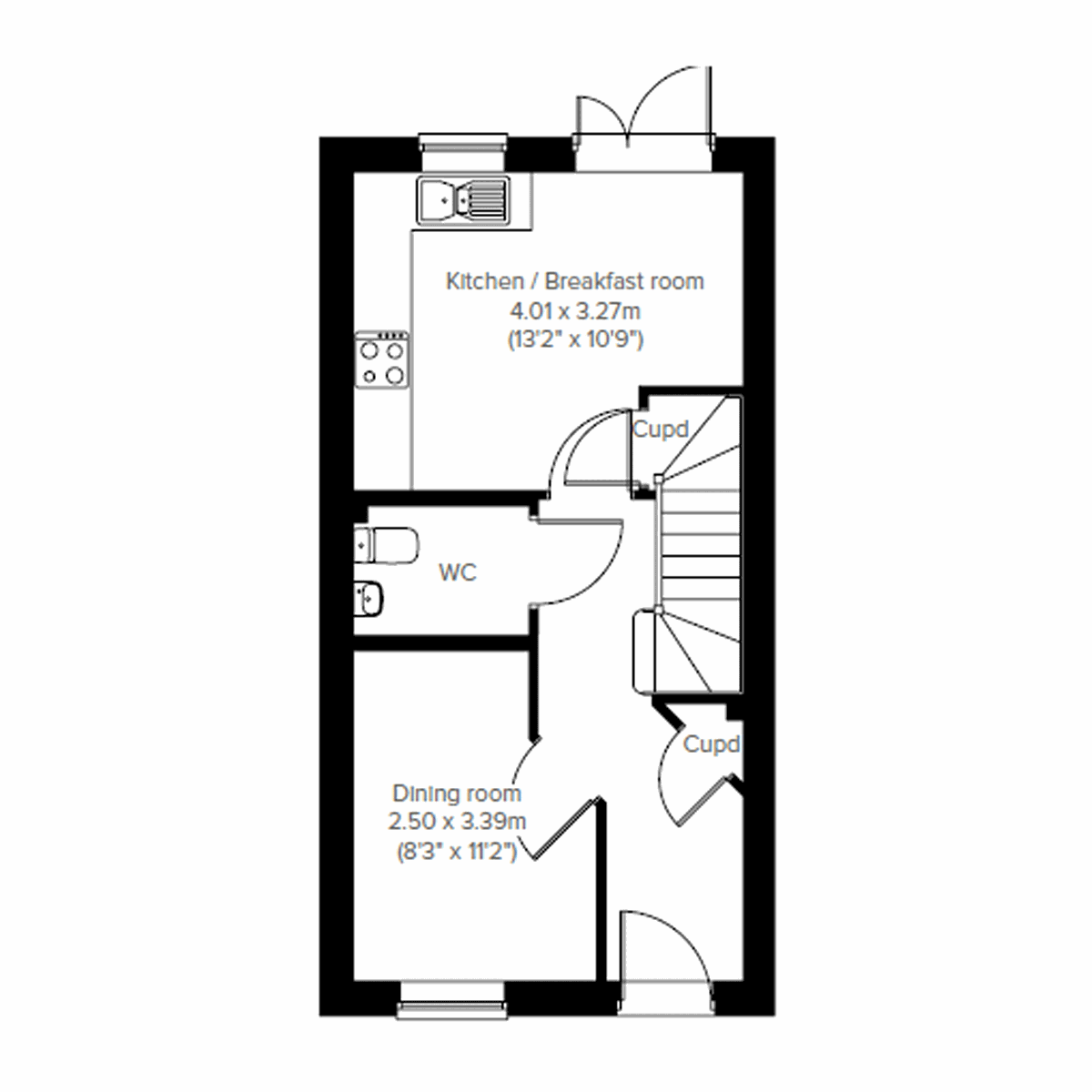 Ground floor plan of the Ashdown showing kitchen, breakfast room, dining room and WC.