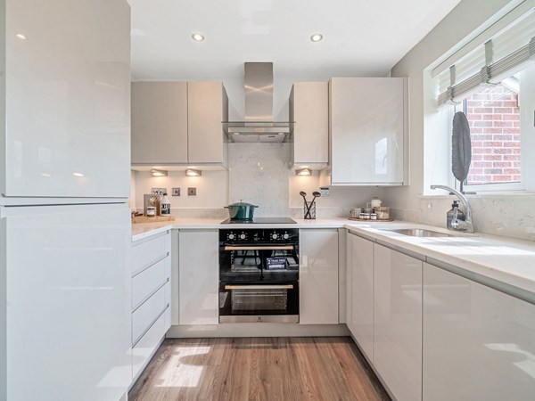 Contemporary kitchen with gloss cabinetry, integrated oven, stainless steel extractor and window above the sink.