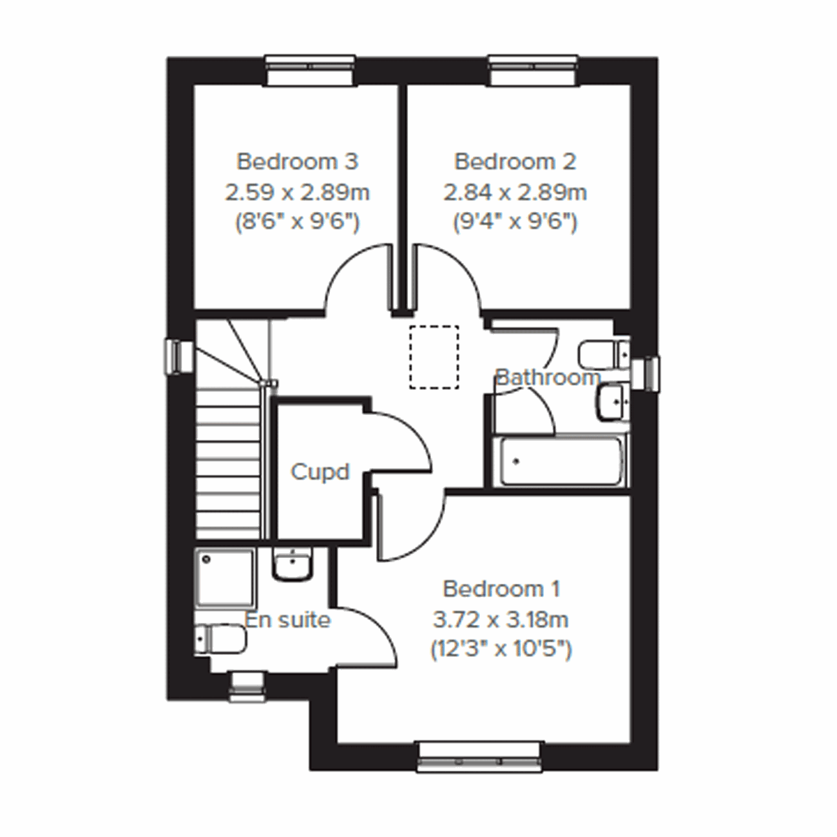 First floor plan of the Sherwood at Warren Park with three bedrooms, bathroom and en suite.