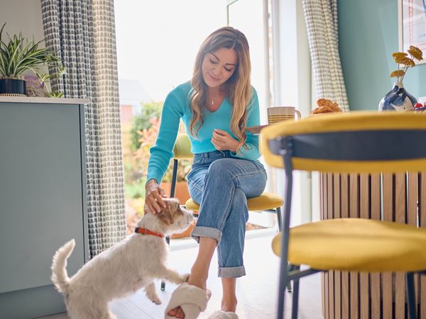 A woman sat at a dining table in a modern home stroking a Jack Russell dog