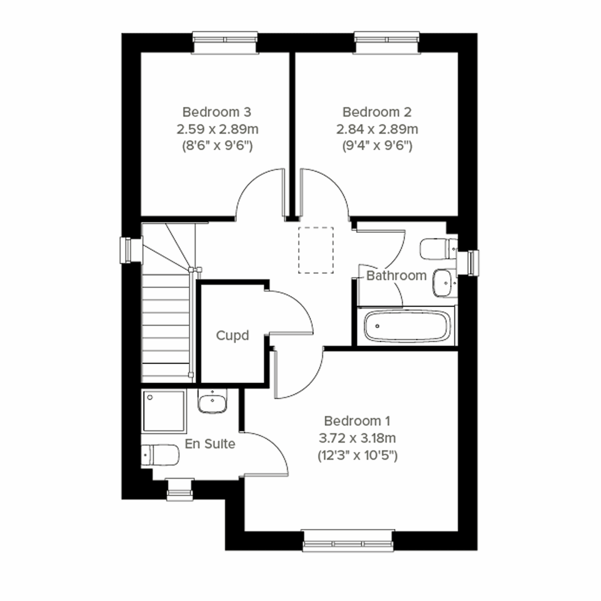 First floor plan of the Sherwood at Everingham Place with three bedrooms and bathroom.