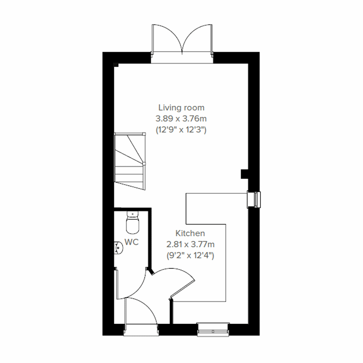 Ground floor plan of The Alnmouth home with living room, kitchen and WC.