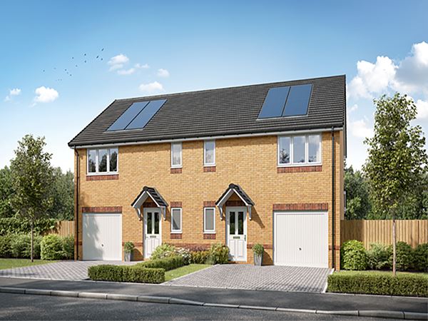 Front view of modern semi-detached two-storey homes with garages, solar panels, and landscaped gardens at Persimmon Homes Kings Gate development in Beith, Ayrshire.