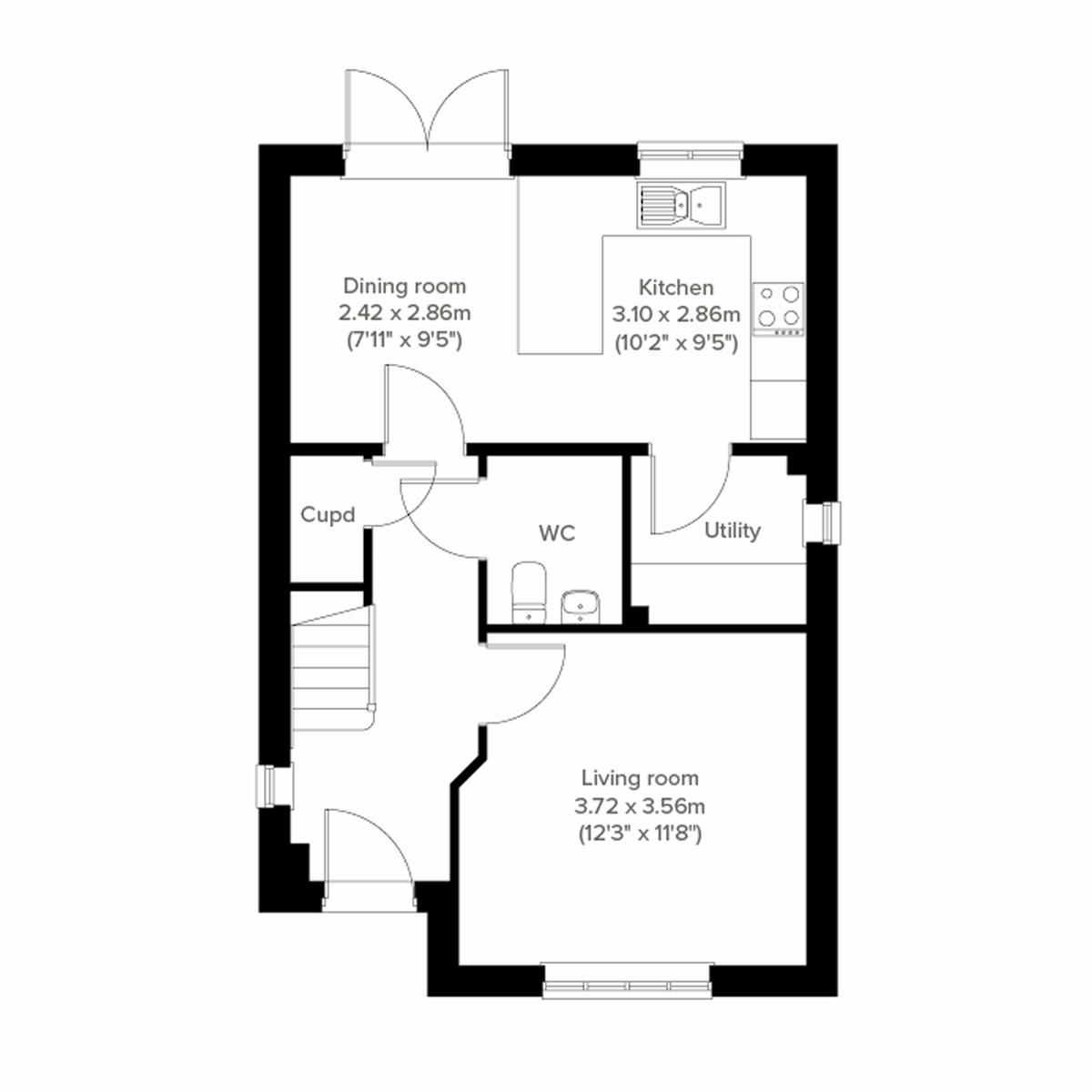 Ground floor plan of the Sherwood at Everingham Place with kitchen, dining room and living room.