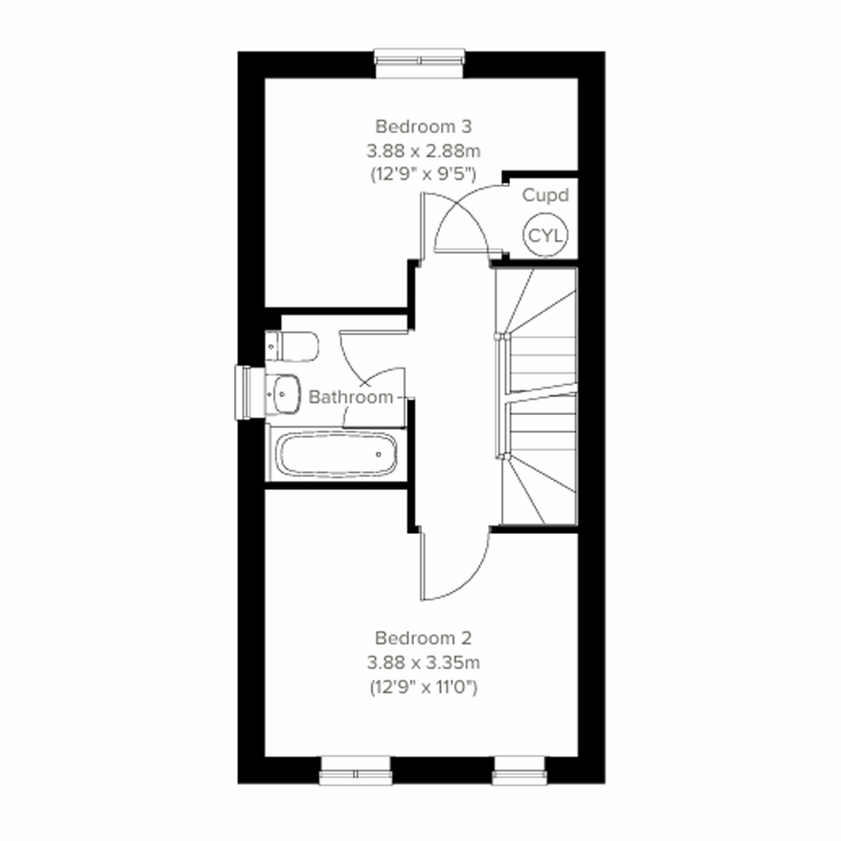 Second floor plan with two bedrooms, family bathroom and airing cupboard.