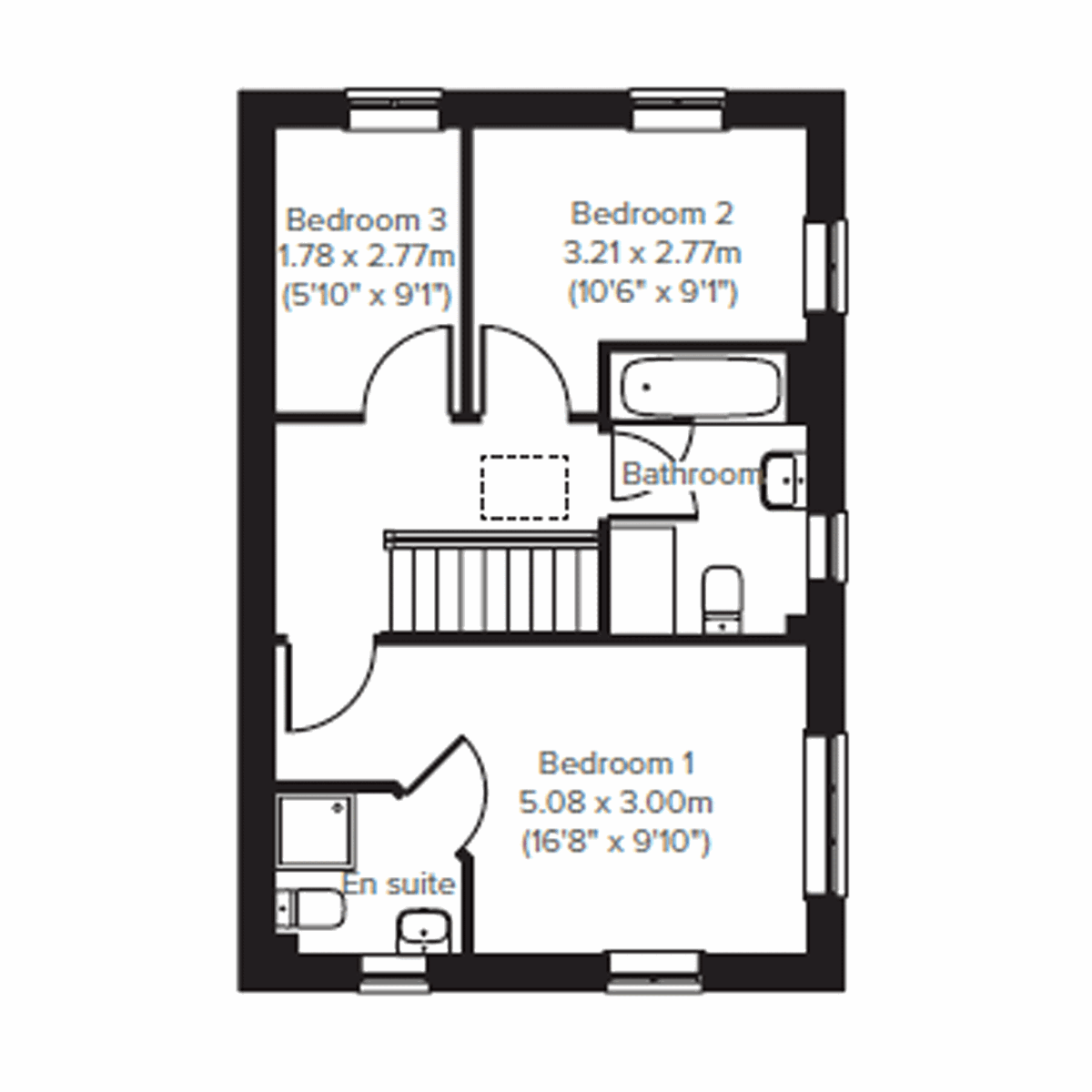 First floor plan of the Deepdale showing bedroom 1, en suite and storage.
