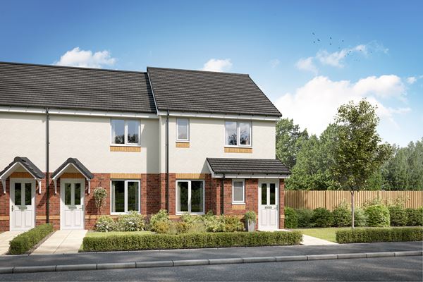 Front view of modern semi-detached homes with white render and red-brick detailing at Persimmon Homes Kings Gate development in Beith, Ayrshire, featuring landscaped gardens and paved paths.