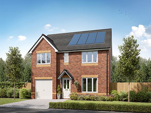 Front view of a modern two-storey detached red-brick home with solar panels, garage, and landscaped garden at Persimmon Homes Kings Gate development in Beith, Ayrshire.