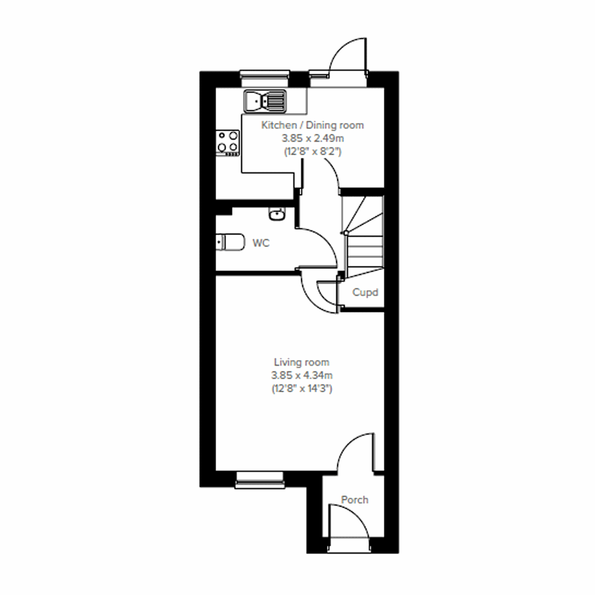 Ground floor plan of the Saunton showing kitchen, dining room, living room and WC.