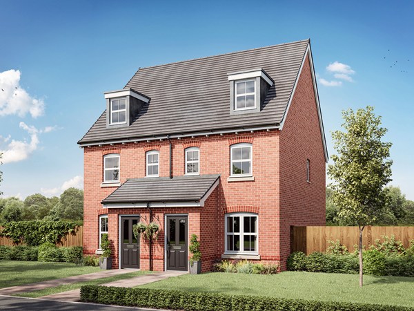 Front view of a three-bedroom semi-detached new build home with red brick exterior, dormer windows, landscaped front garden and private driveway at Minster View.
