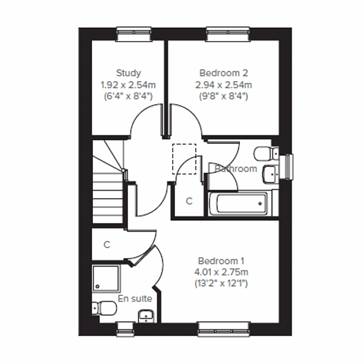 Floor plan of a two bedroom home at Persimmon Homes development with a open plan kitchen and dining area