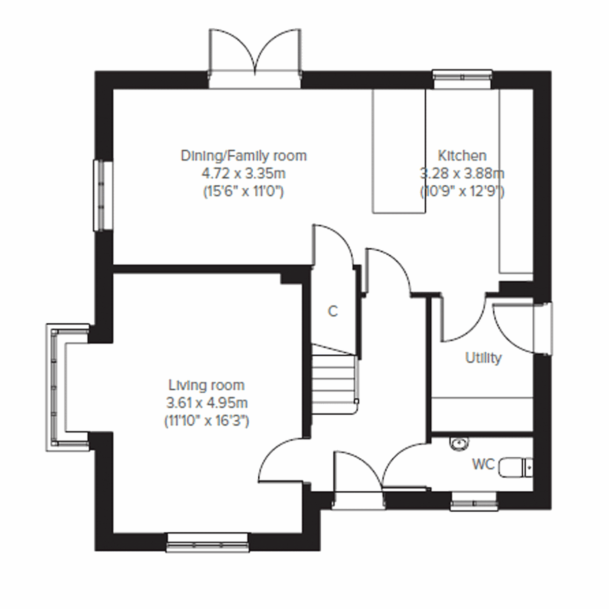 Floor plan of a four bed at Persimmon Home development with open plan dining/Family room