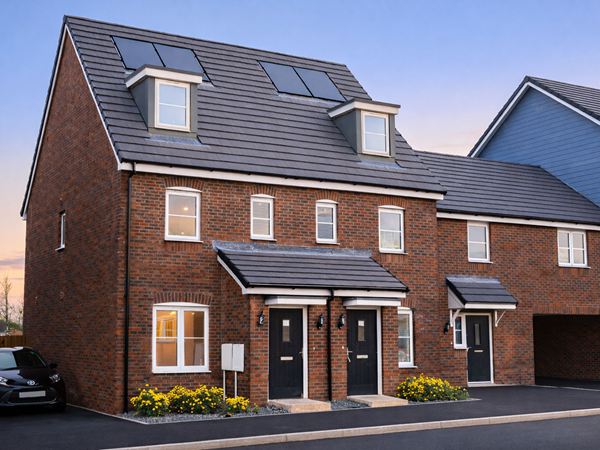 ed‑brick semi‑detached homes with dormer windows at dusk on Saunton at Hawthorn Park.