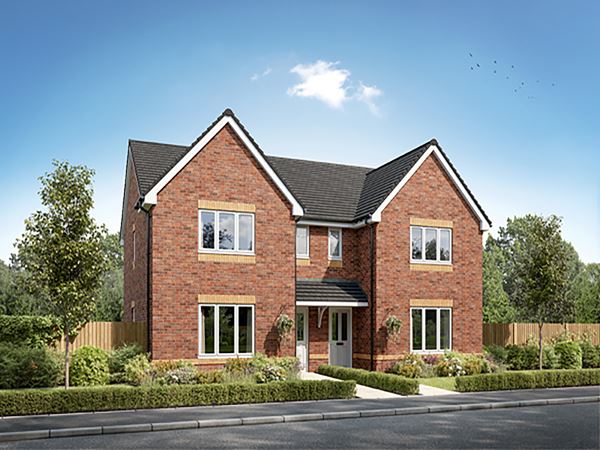 Front view of a spacious two-storey detached red-brick home with pitched roof and landscaped garden at Persimmon Homes Kings Gate development in Beith, Ayrshire.