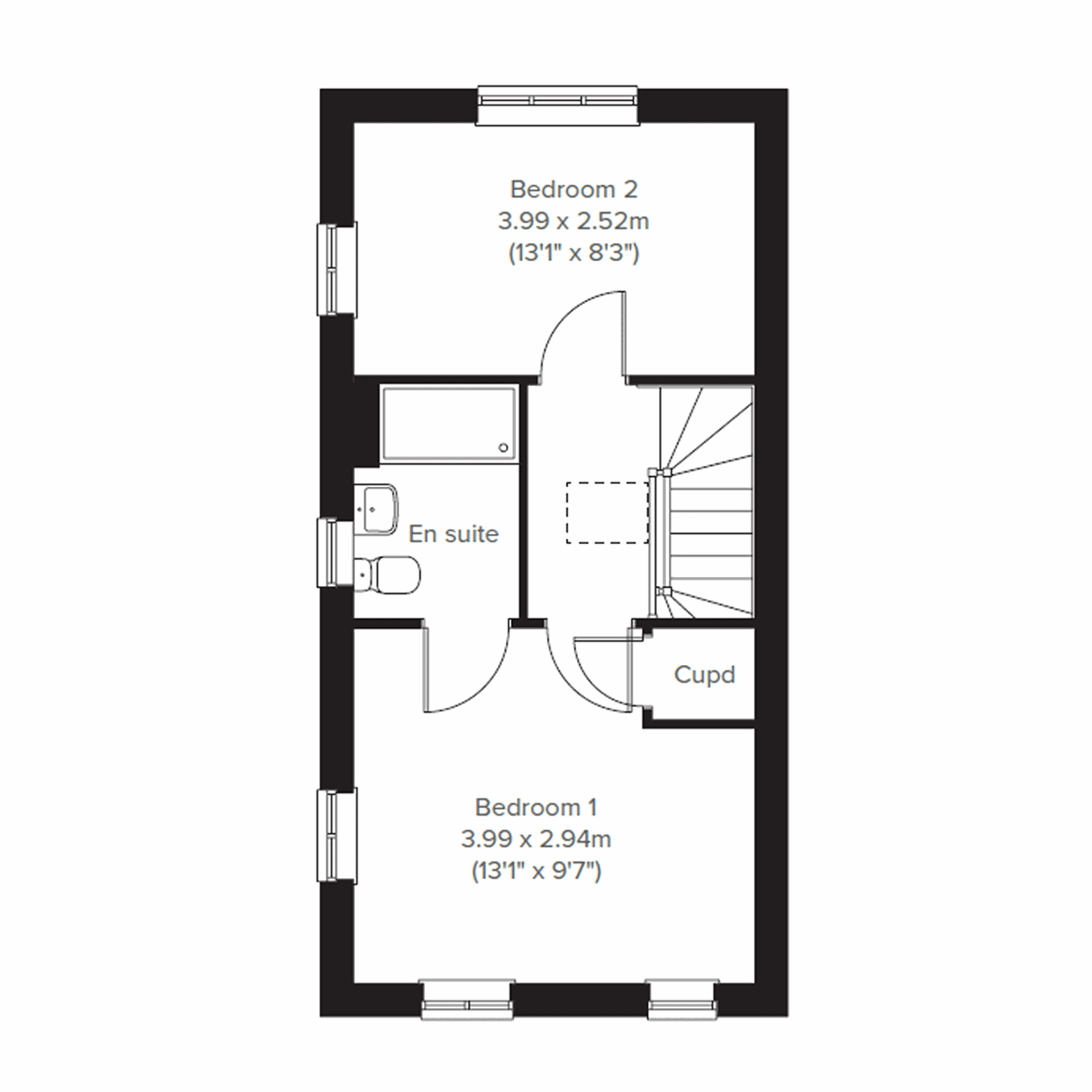 Second floor plan of The Ashdown Corner home with two bedrooms and en suite.