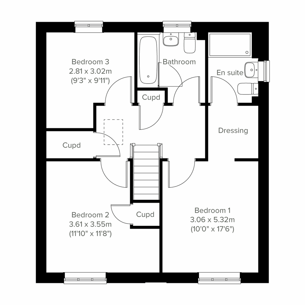 First‑floor layout of the Kingley home at Warren Park with three bedrooms.