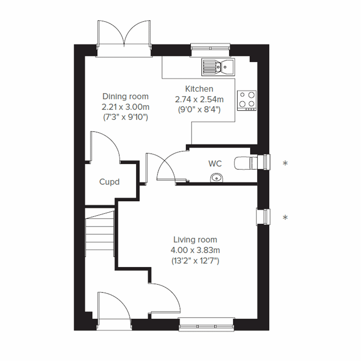 Ground floor plan of The Danbury home with kitchen, living and dining rooms.