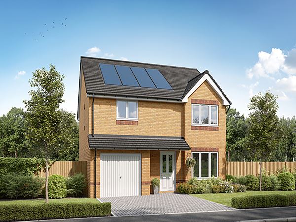 Front view of a modern two-storey detached home with solar panels, garage, and landscaped garden at Persimmon Homes Kings Gate development in Beith, Ayrshire.