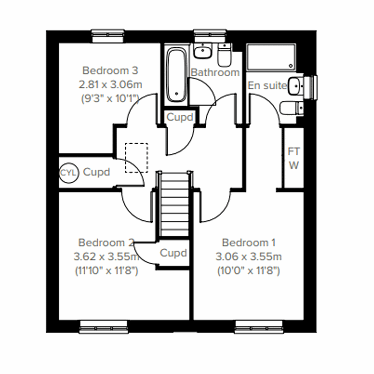 Floor plan of the Kingley showing three bedrooms and family bathroom.