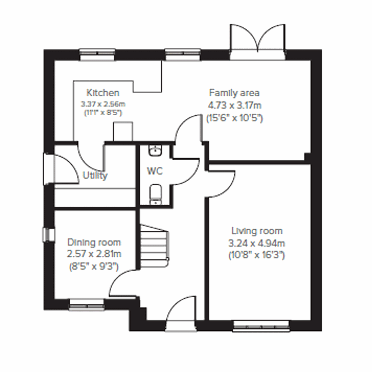 Ground floor plan of the Kielder showing kitchen, family area, dining room, living room and utility.