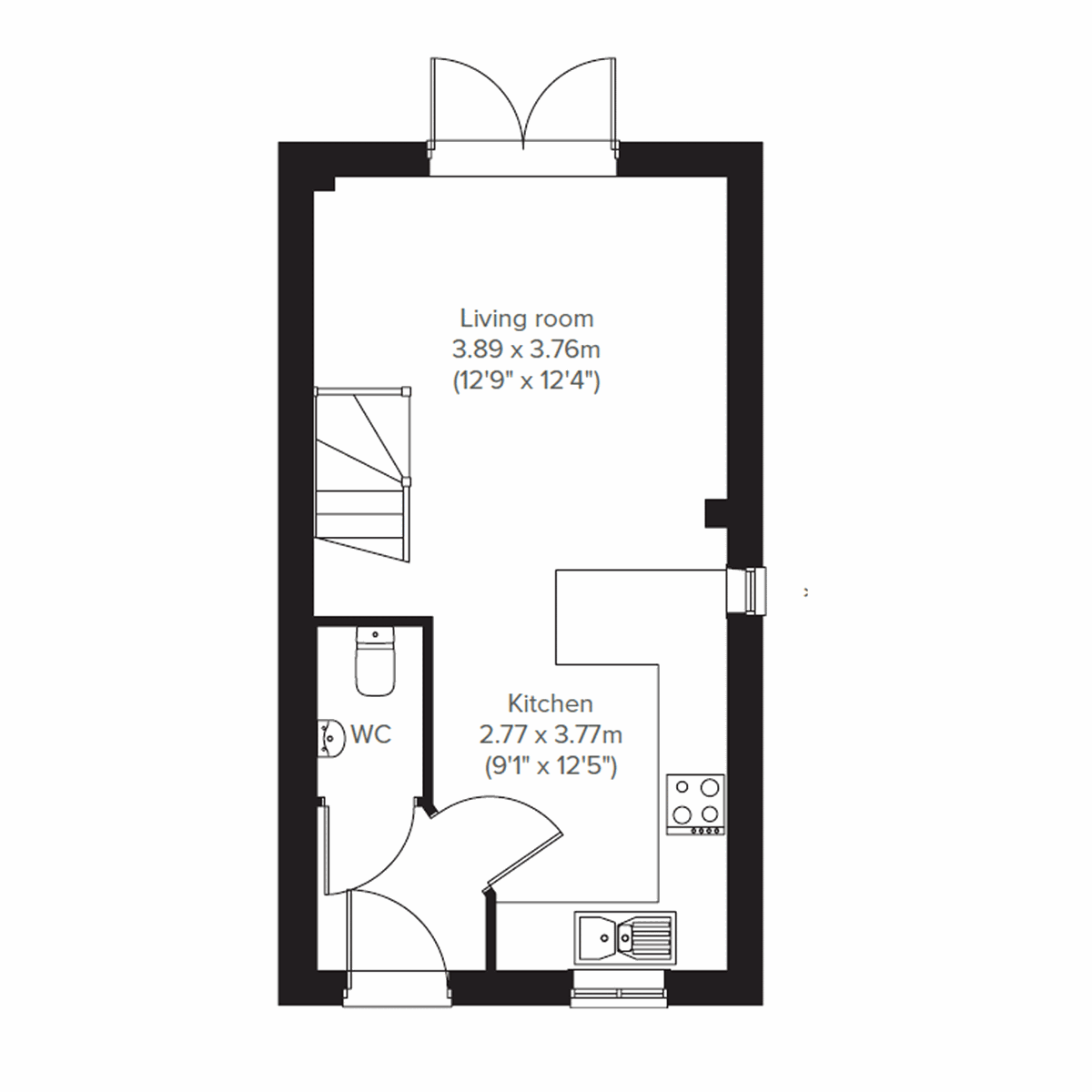 Ground floor plan of The Alnmouth home with living room, kitchen and WC.