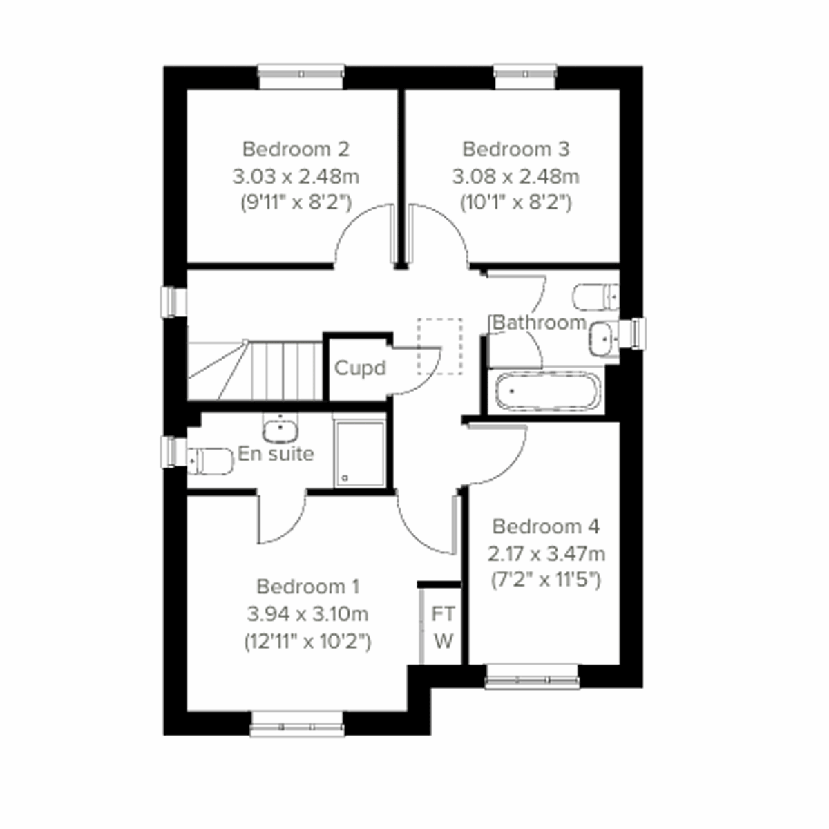 First floor plan showing four bedroom and bathroom