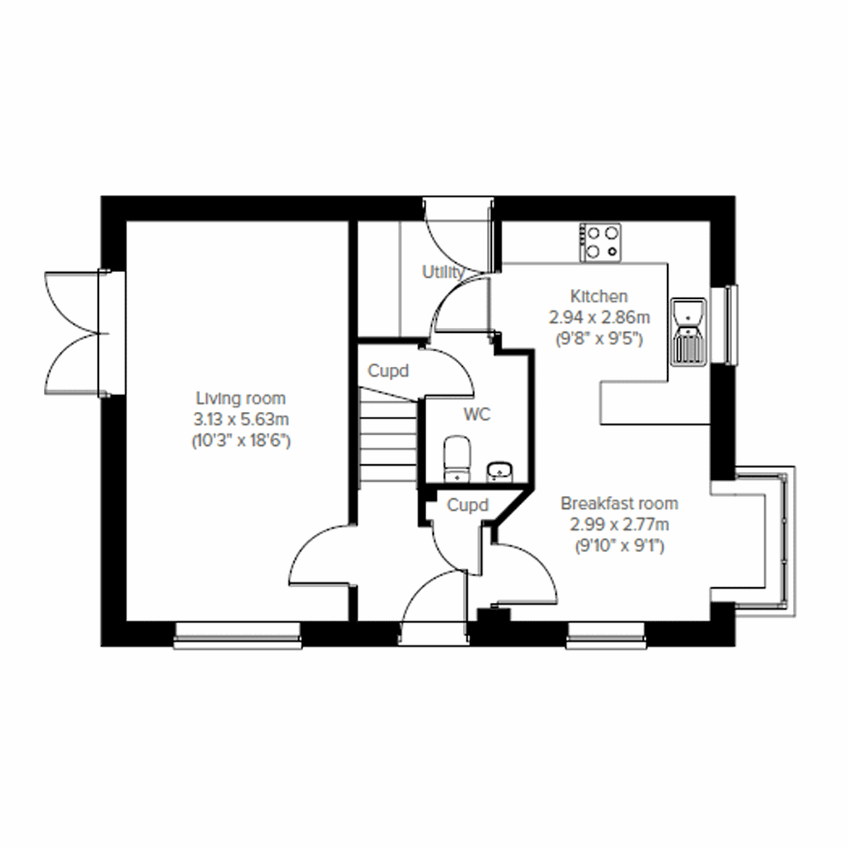 Ground floor plan of the Charnwood Corner Bay showing living room, kitchen, breakfast room and utility.
