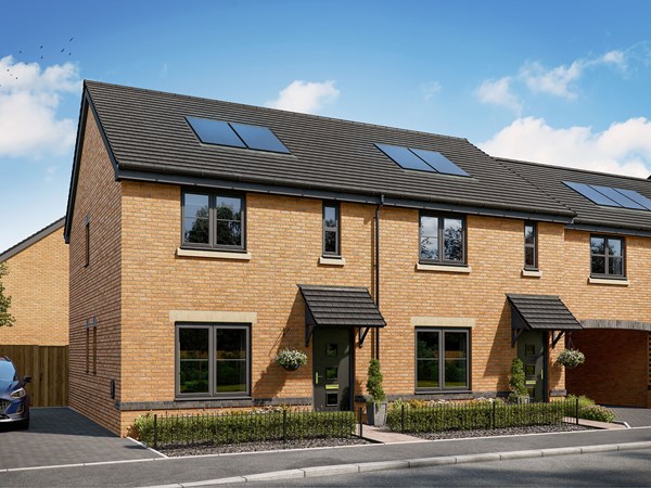 front view of a two bedroom home with a open plan kitchen and dining room