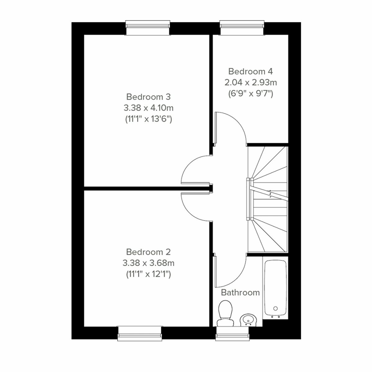 First floor plan of the Welburn, showing three bedrooms and a family bathroom.