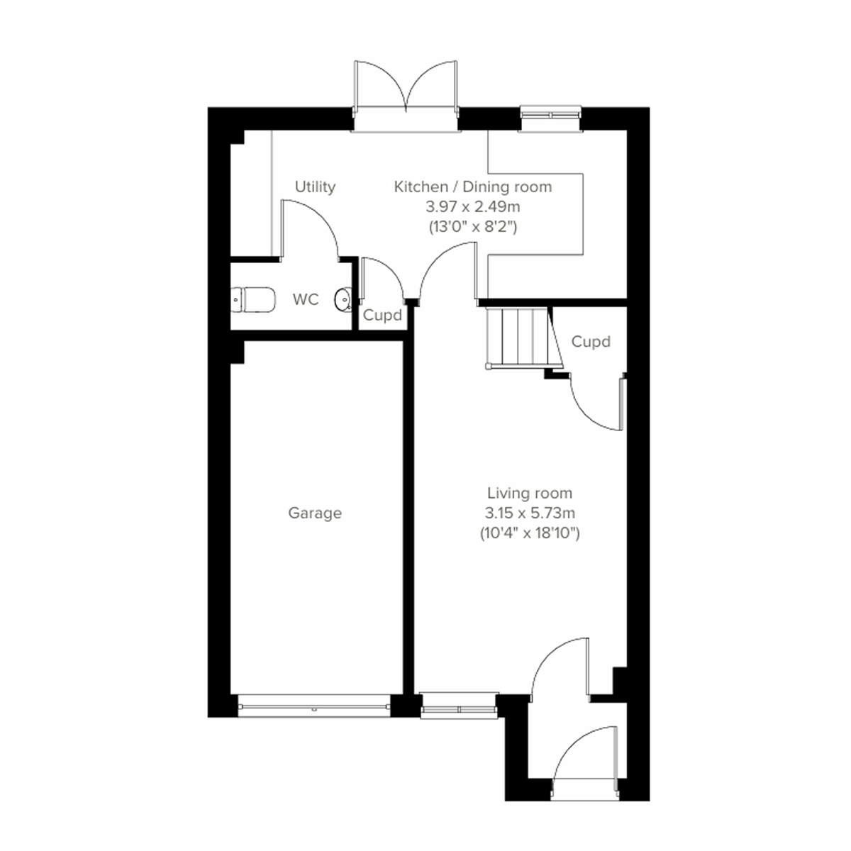Ground floor plan of a three-bedroom home with living room, kitchen dining room, utility, WC and integral garage.