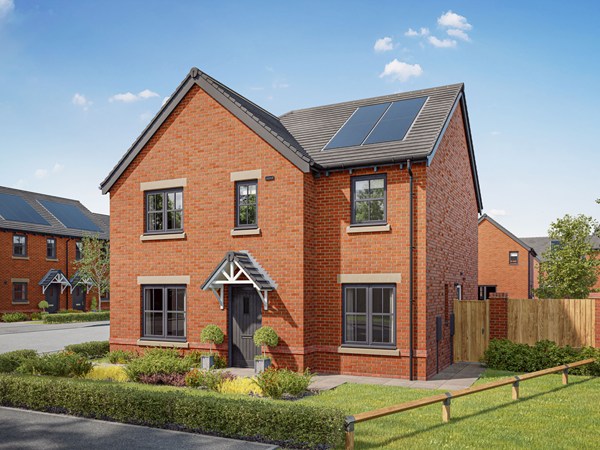Front view of a four-bedroom detached brick home with landscaped front garden, solar panels and fenced side access.