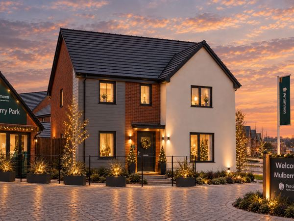 Persimmon show home at Mulberry Park with festive lights and winter landscaping.