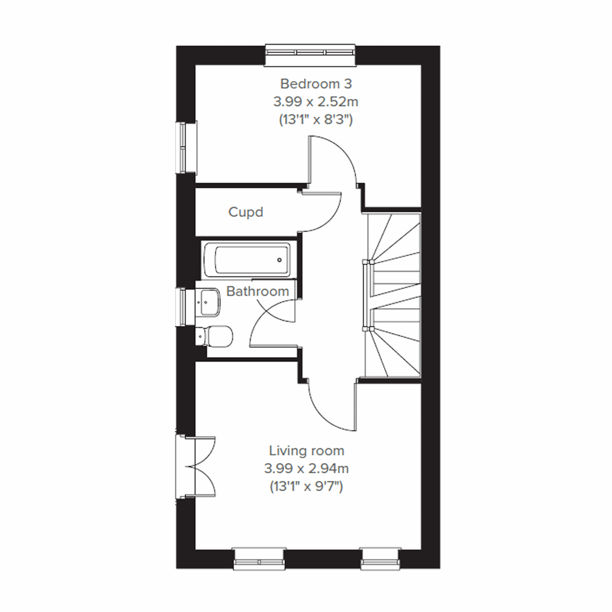 First floor plan of The Ashdown Corner home showing living room, bedroom and bathroom.