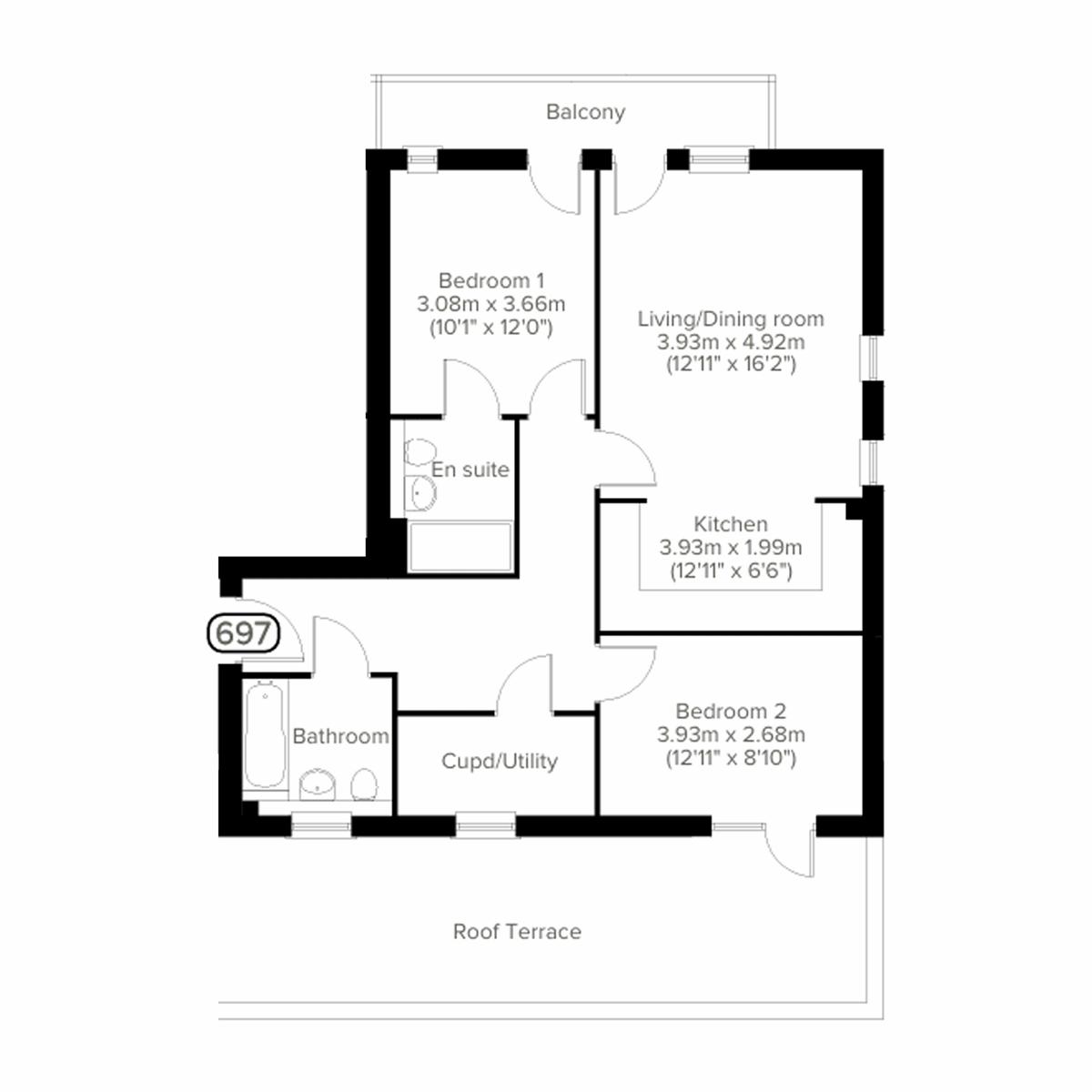 Floor plan of the apartment B4 with open plan living/dining room and kitchen, two bedrooms en suite to bedroom one a bathroom and cupboard.